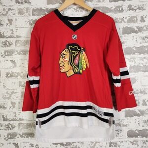 Youth Chicago Blackhawks Reebok NHL‎ Hockey Jersey Red L/XL Black White Stripes